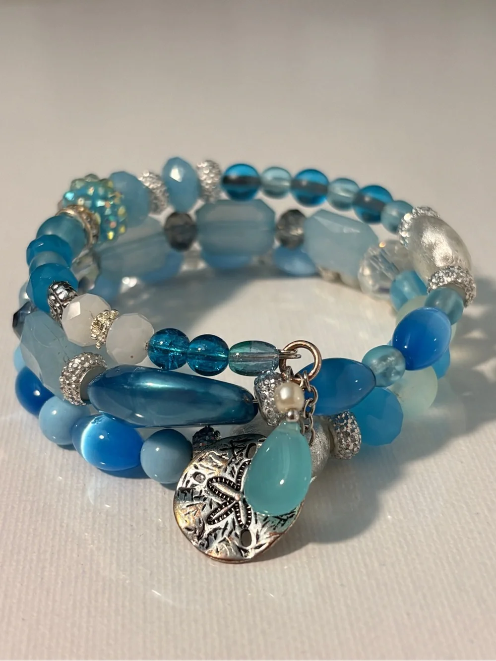 HANDCRAFTED WRAP BEAD BRACELET Memory Wire Blue Boho Artisan Designed